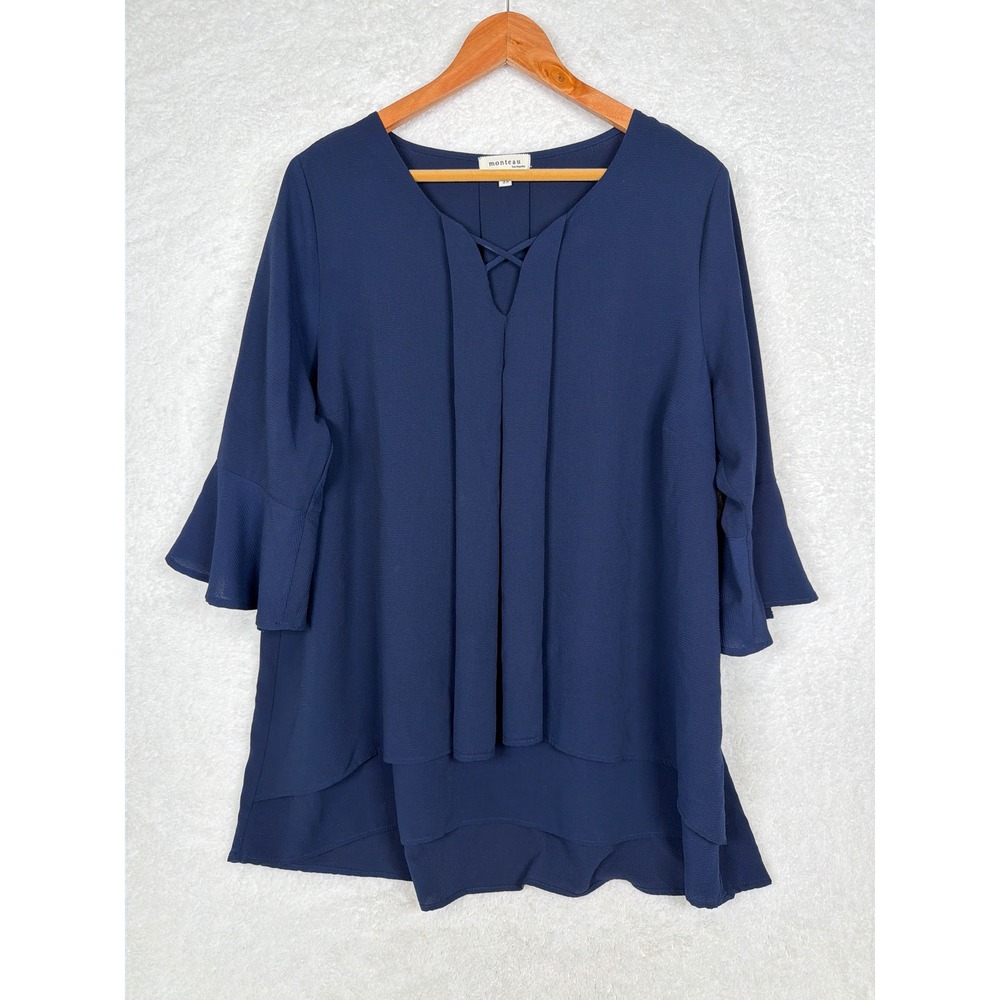 Monteau Blouse Womens 3X Navy Blue Career Bell Sleeve Crisscross V-Neck Pleated